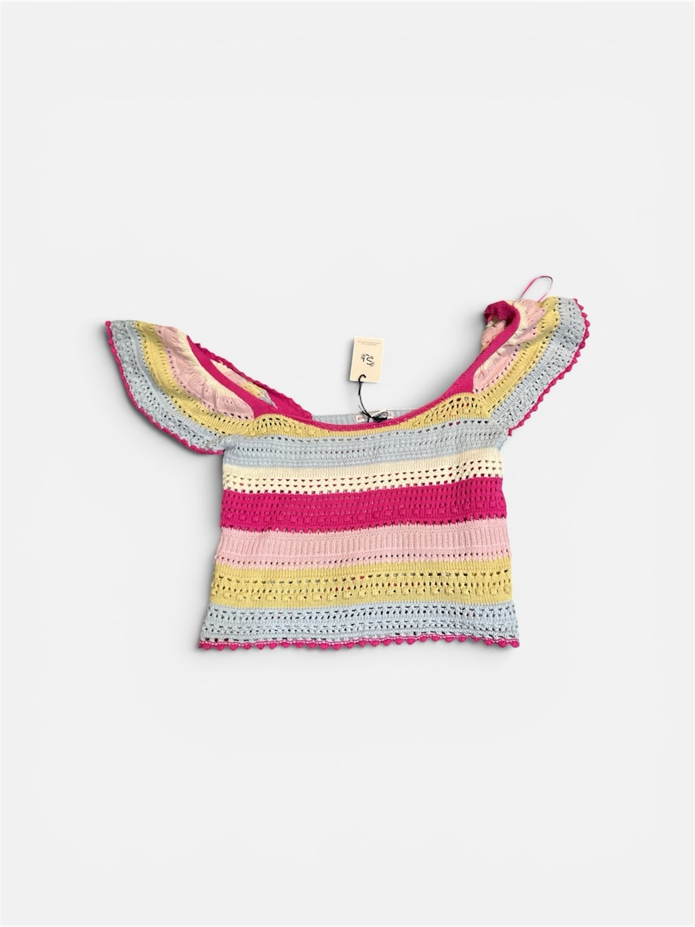 Sincerely Jules Crochet Stripe Ruffle Sleeve Top - Pink, Yellow, Blue, Cream - Picture 3 of 3